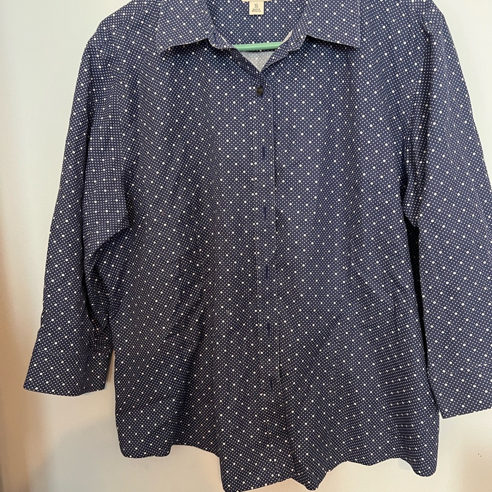 LL Bean Shirt Womens XL Reg Blue Polka Dot Career Casual Button Up Wrinkle Free